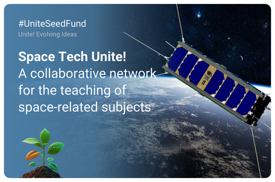 Promotional image of the Unite! seed fund with a background image of a space satelite