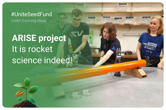 Promotional image of the ARISE project with a background picture of students working together on the rocket