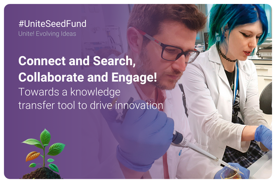Promotional image of the Unite! Seed Fund with a picture of two researchers in a lab and a text that says "Connect and Search,  Collaborate and Engage!  Towards a knowledge  transfer tool to drive innovation "