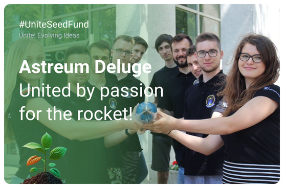 Promotional image of the Unite! Seed Fund with a picture of Unite! students holding a rocket.