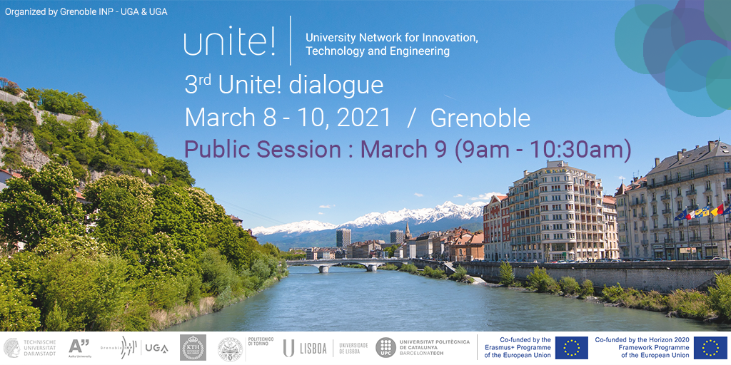 Promotional leaflet of the 3rd Unite! Dialogue Grenoble is dedicating a public session to "European Values and Innovation"