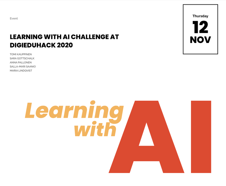 Promotional leaflet of the Unite! LEARNING WITH AI CHALLENGE AT DIGIEDUHACK 2020 activity.