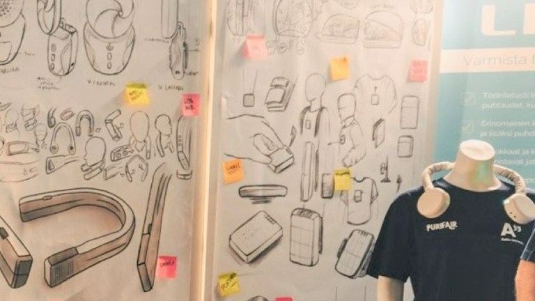 See larger image Image of a blackboard and a mannequin with notes and results of product development prototyping