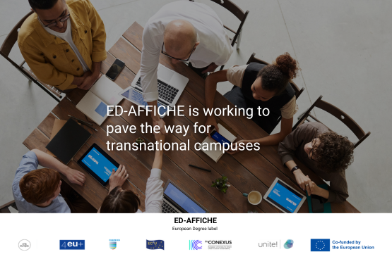Promotional image of a group people working together with a text that reads "ED-AFFICHE is working to pave the way for transnational campuses"