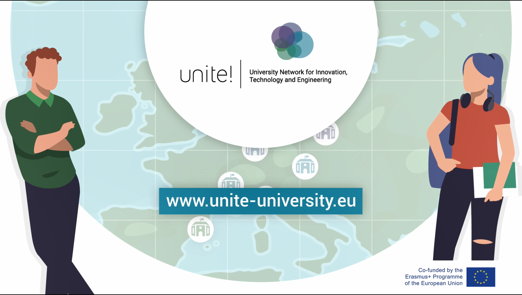 See larger image Two students with a background image of a map of Europe and the Unite! logo