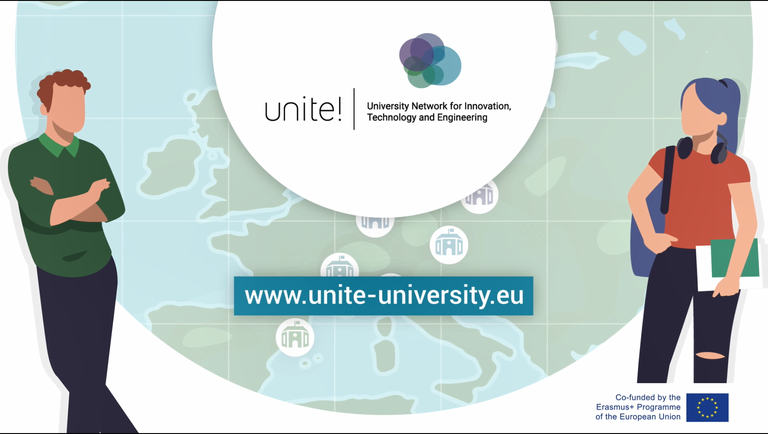 Two students with a background image of a map of Europe and the Unite! logo