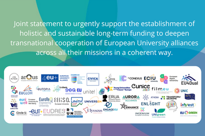Background with the Unite! colours and a text that reads "Joint statement to urgently support the establishment of holistic and sustainable long-term funding to deepen transnational cooperation of European University alliances across all their missions in a coherent way." plus an image of all the logos of all the unversity alliances.