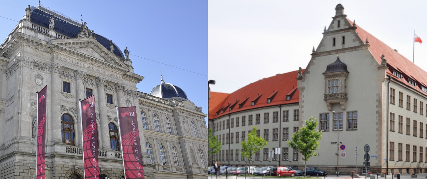 See larger image Two images of the maing buildings of the universities of TU Graz and Wroclaw Tech