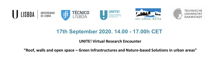 Promotional leaflet of the UNITE! Virtual Research Encounter "Roof, walls and open space - Green Infrastructures and Nature-based Solutions in urban areas"