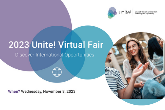 Promotional image of the Unite! virtual fair with a picture of students interacting