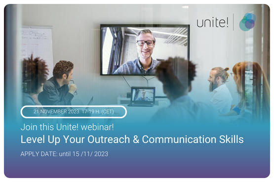 Promotional image of a group people working together with a text that reads "Join this Unite! webinar!  Level Up Your Outreach  & Communication Skills"