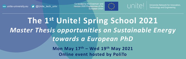 Promotional leaflet of the 1st Unite! Spring School 2021 and the Master Thesis opportunities on Sustainable Energy towards a European PhD