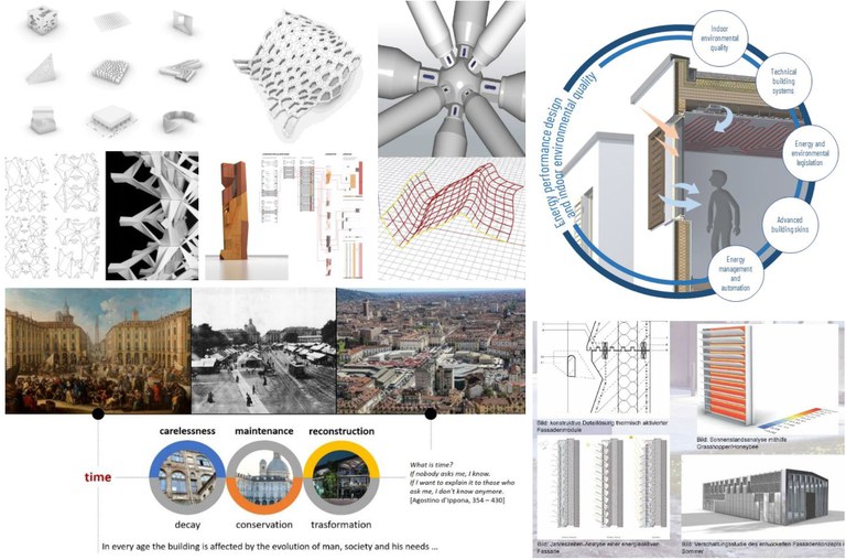 A collage of different images of buildings and materials related with urban planning and architecture