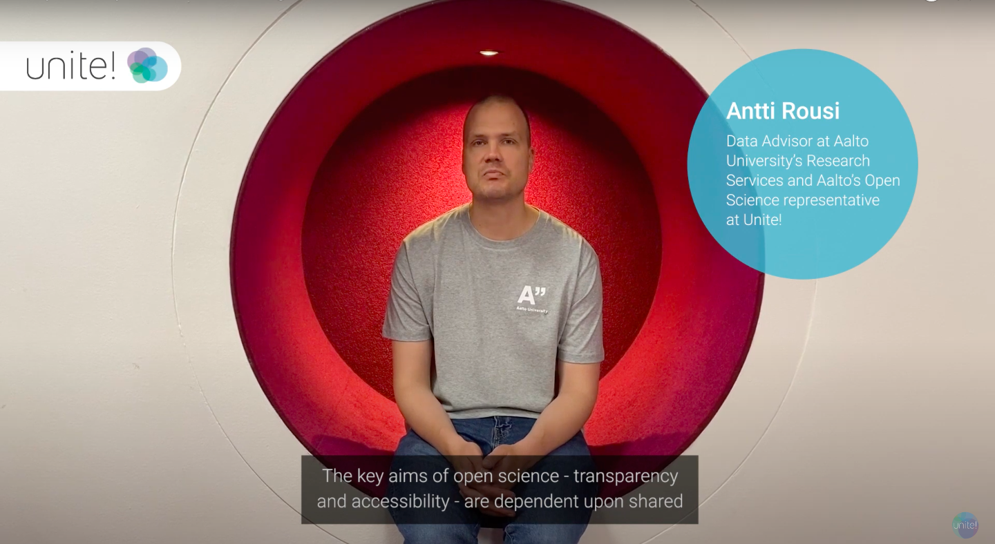 See larger image Antti Rousi, Data Advisor at Aalto University’s Research Services and Aalto’s open science representative at Unite! sitting in the library of Aalto University
