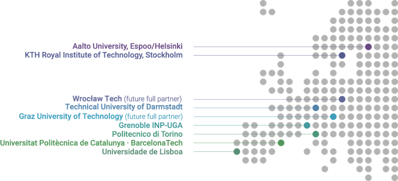 Map of Europe indicating the location of the partner universities of Unite!, including the two new onboarding partners