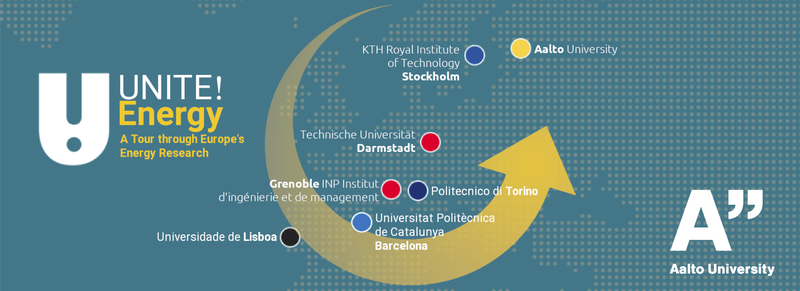 Promotional leaflet of the UNITE! Energy series of seven digital events dedicated to energy research and energy sciences.