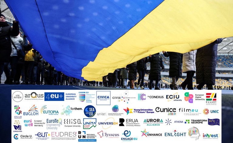 Image of the Ukranian flag with the logos of the European University alliances