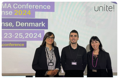 Picture of Lidia Herrera (UPC), Valentina Romano (Politecnico di Torino), and Cyril Chevaux (Grenoble INP – UGA) at the Annual Conference of the European Association of Research Managers and Administrators (EARMA) held in Odense (Denmark)
