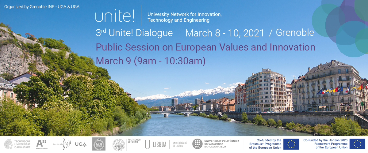 See larger image Promotional leaflet of the 3rd Unite! Dialogue Grenoble is dedicating a public session to "European Values and Innovation"