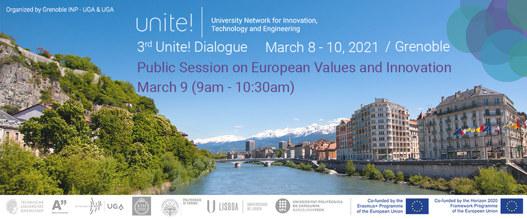 Promotional leaflet of the 3rd Unite! Dialogue Grenoble is dedicating a public session to "European Values and Innovation"