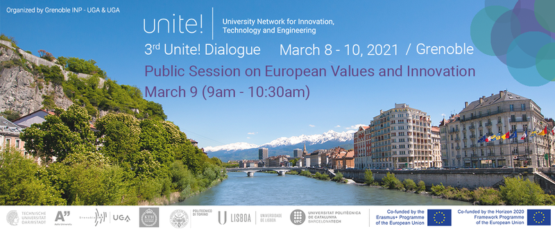 Promotional leaflet of the 3rd Unite! Dialogue Grenoble is dedicating a public session to "European Values and Innovation"