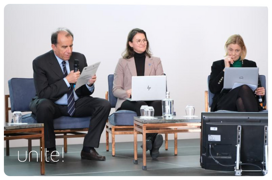 Roberto zanino, pia schmith and isabel frança as speakers during the UNITE.H2020 dissemination event