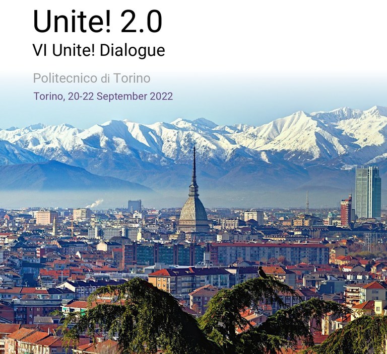 Promotional leaflet of the 6th Unite! Dialogue with a background image of Torino.