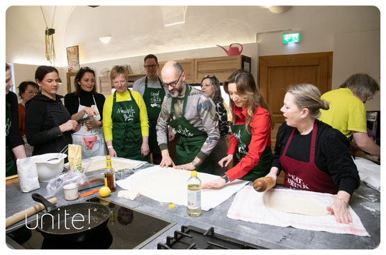 All the members of the Unite! Cooking Club baking traditional Austrian Applestrudel