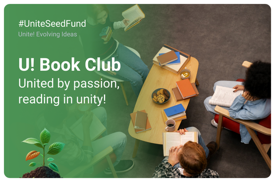 See larger image Promotional image of the U! Reading club with a background picture of people reading in a meeting