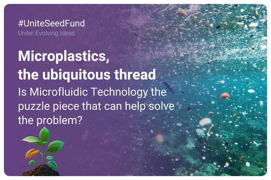 Image of microplastics in water with the text: Microplastics,  the ubiquitous thread  Is microfluidics Technology the piece of the puzzle that can help in solving the problem?