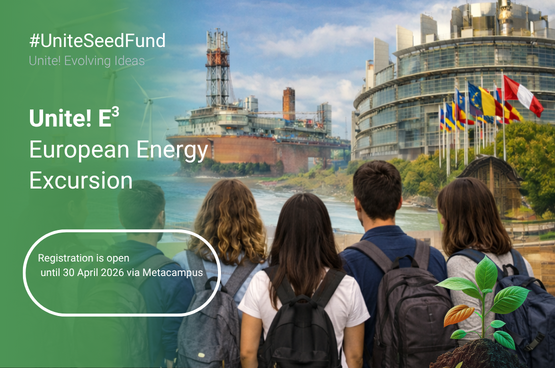 Group of students with backpacks in front of an european building, an energy ship and wind turbines