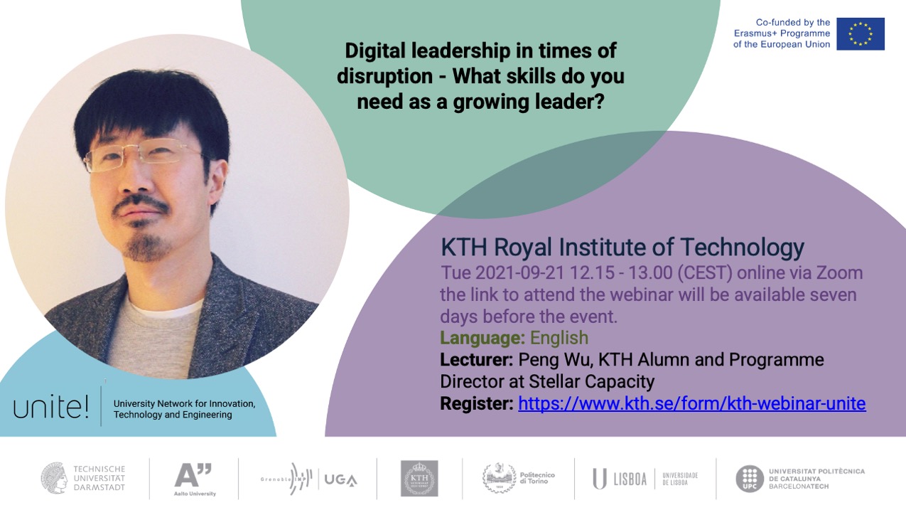 See larger image Promotional leaflet of the Unite! webinar on digital leadership