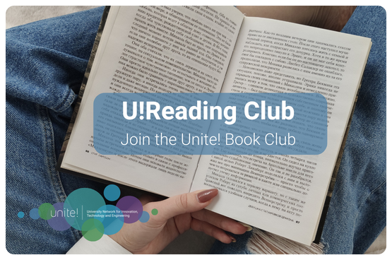See larger image Image of an open book with a text that reads " U! Reading Club - Join the Unite! Book Club"