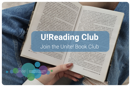 Image of an open book with a text that reads " U! Reading Club - Join the Unite! Book Club"