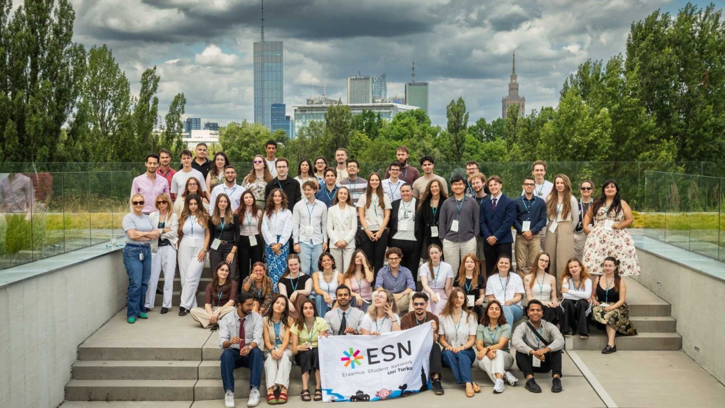 See larger image Student ambassadors from EU university alliances in a group photo in Warsaw