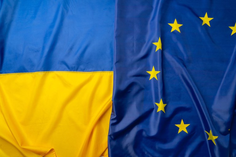 The Ukranian flag next to the EU flag.