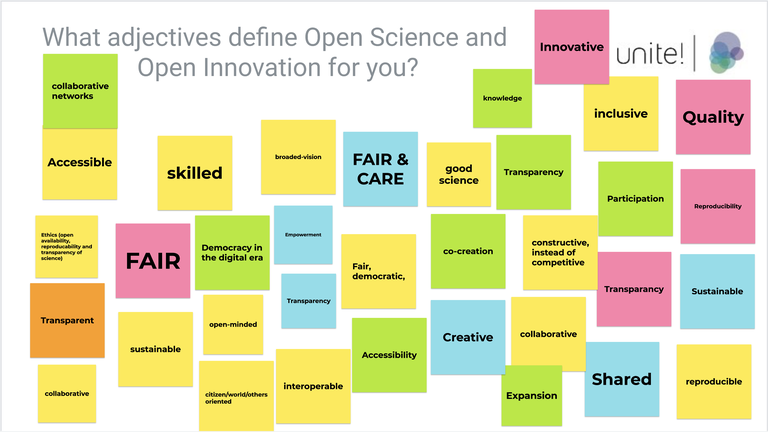 A screenshot of a digital board full of post-its with concepts like: fair, skilled, accessible ....