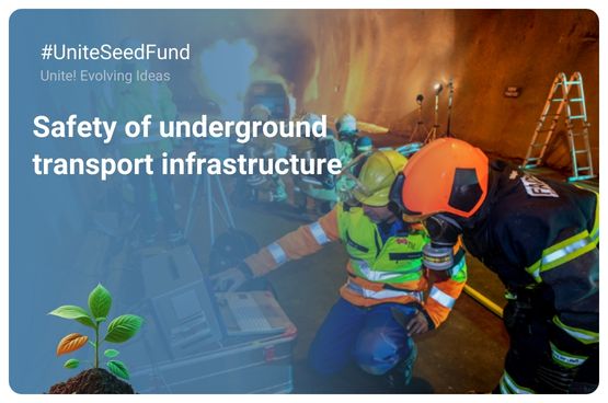 See larger image Promotiona image of the Unite! Seed Fund project with an image of engineers working in a tunnel