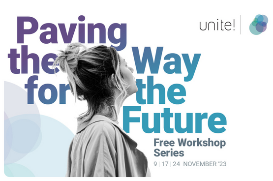 Promotional image of paving the Way for the future workshop series with the information of the events and an image of a woman on top of the lettering.