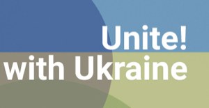 Ukraine flag with the Unite! bubbles on top.